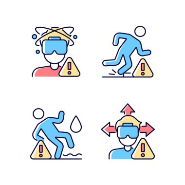 Sanal gerçeklik kulaklığı uyarı RGB renk etiketi simgeleri ayarlandı. Önlem alın. İzole vektör çizimleri. Ürün kullanım talimatları koleksiyonu için basit çizgi çizimi