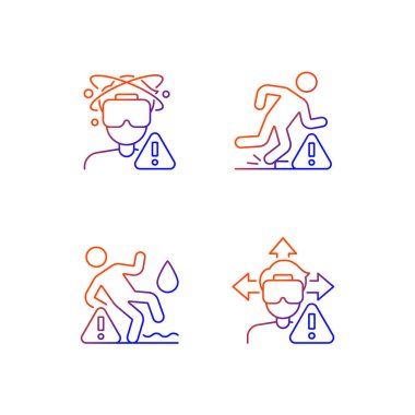 VR uyarı gradyan doğrusal vektör elle etiketleme simgeleri ayarlandı. İnce çizgili sembol demetleri. Ürün kullanımı talimatları için siyah ve beyaz üzerine izole vektör ana hatları koleksiyonu