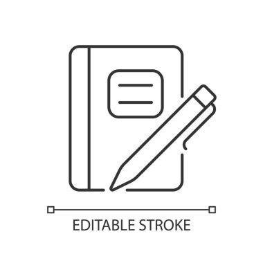 Kalem doğrusal simgesi olan grafik kompozisyon defteri. Görev defteri. Okul notları için günlük kullanım. İnce çizgi özelleştirilebilir illüstrasyon. Contour sembolü. Vektör izole çizim. Düzenlenebilir vuruş