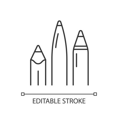 Kalemler ve kalemler doğrusal simge. Okul malzemeleri. Enstrüman yazıyorum. Çizim ve çizim için kullan. İnce çizgi özelleştirilebilir illüstrasyon. Contour sembolü. Vektör izole çizim. Düzenlenebilir vuruş