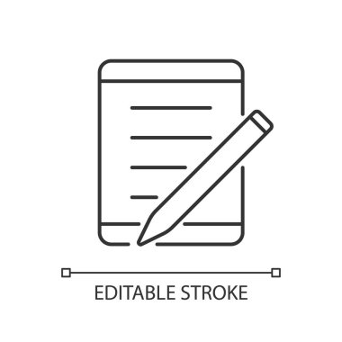 Okulun doğrusal simgesi için tablet. Taşınabilir kişisel bilgisayar. Üniversite öğrencileri için bir cihaz. İnce çizgi özelleştirilebilir illüstrasyon. Contour sembolü. Vektör izole çizim. Düzenlenebilir vuruş