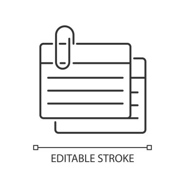İndeks kart doğrusal simgesi. Bilgi kaydetmek için küçük bir parça. Ders çalışmak için flashcards. İnce çizgi özelleştirilebilir illüstrasyon. Contour sembolü. Vektör izole çizim. Düzenlenebilir vuruş