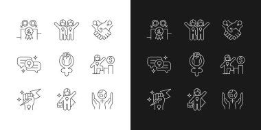 Feminist hareket doğrusal simgeleri karanlık ve aydınlık moduna ayarlandı. Cinsiyet eşitliği. Kadın arkadaşlığı. Kadın gücü. Özelleştirilebilir ince çizgi sembolleri. İzole vektör çizimi çizimleri. Düzenlenebilir vuruş