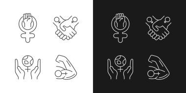 Kız güç doğrusal simgeleri karanlık ve aydınlık moduna ayarlandı. Liderlik hareket halinde. Eşit ilişkiler. Özelleştirilebilir ince çizgi sembolleri. İzole vektör çizimi çizimleri. Düzenlenebilir vuruş