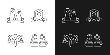 Kadın güçlendirme doğrusal simgeleri karanlık ve aydınlık mod için ayarlandı. Kadın topluluğu. Cinsiyet eşitliği artıyor. Özelleştirilebilir ince çizgi sembolleri. İzole vektör çizimi çizimleri. Düzenlenebilir vuruş