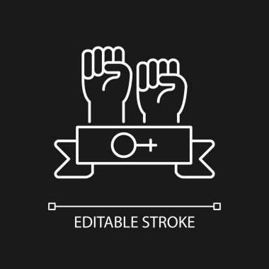 Kadınlar koyu renk tema için beyaz lineer simge oluştururlar. Eşit hakları destekleyin. Feminist dayanışma. İnce çizgi özelleştirilebilir illüstrasyon. Gece modu için izole vektör kontur sembolü. Düzenlenebilir vuruş