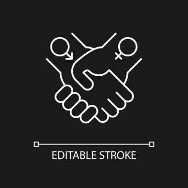 Karanlık tema için eşit ilişkiler beyaz doğrusal simge. Kadınlar ve erkekler arasındaki ortaklık. İnce çizgi özelleştirilebilir illüstrasyon. Gece modu için izole vektör kontur sembolü. Düzenlenebilir vuruş