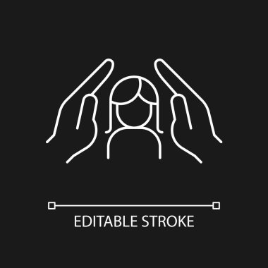 Kadınlar siyah tema için beyaz doğrusal ikonu korur. Kızları şiddete karşı koru. Kadın güvenliği. İnce çizgi özelleştirilebilir illüstrasyon. Gece modu için izole vektör kontur sembolü. Düzenlenebilir vuruş