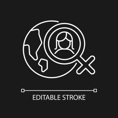 Karanlık tema için küresel feminizm beyaz doğrusal simge. Dünya çapında kadın hakları hareketi. İnce çizgi özelleştirilebilir illüstrasyon. Gece modu için izole vektör kontur sembolü. Düzenlenebilir vuruş