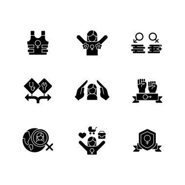 Feminist aktivite simgeleri beyaz uzaya sabitlendi. Kadın özgürlük savaşçısı. Radikal feminizm. İş için eşit ücret. Kızlar için kariyer seçeneği. Siluet sembolleri. Vektör izole illüstrasyonu