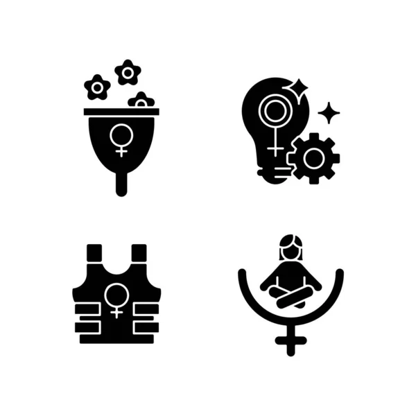 Modern Feminism Black Glyph Icons Set White Space Support Women — Stock Vector