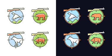 Big and small game hunting light and dark theme RGB color icons set. Hunting weapon to kill boar and deer. Isolated vector illustrations on white and black space. Simple filled line drawings pack vector