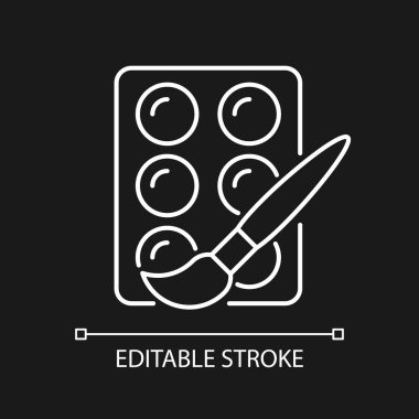 Karanlık tema için suluboya beyaz doğrusal simge. Yeni başlayanlar için boya seti. Boya malzemeleri. İnce çizgi özelleştirilebilir illüstrasyon. Gece modu için izole vektör kontur sembolü. Düzenlenebilir vuruş