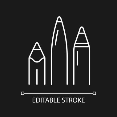 Koyu renk tema için beyaz doğrusal kalem ve kalem simgesi. Okul malzemeleri. Enstrüman yazıyorum. İnce çizgi özelleştirilebilir illüstrasyon. Gece modu için izole vektör kontur sembolü. Düzenlenebilir vuruş