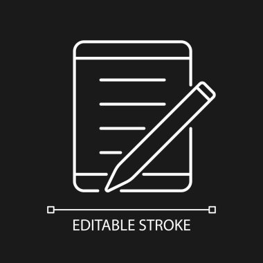 Koyu renk tema için okul için beyaz doğrusal simge tableti. Taşınabilir kişisel bilgisayar. Öğrenciler için bir cihaz. İnce çizgi özelleştirilebilir illüstrasyon. Gece modu için izole vektör kontur sembolü. Düzenlenebilir vuruş