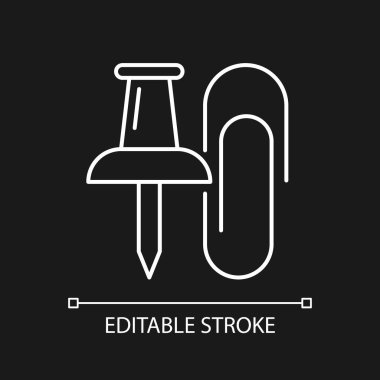 Koyu renk tema için beyaz doğrusal simgeyi raptiyeler ve ataçlar. Kağıt çarşafları birbirine bağlamak. İnce çizgi özelleştirilebilir illüstrasyon. Gece modu için izole vektör kontur sembolü. Düzenlenebilir vuruş