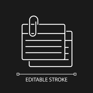 Koyu tema için indeks kartı beyaz doğrusal simgesi. Bilgi kaydetmek için küçük bir parça. Flashcards. İnce çizgi özelleştirilebilir illüstrasyon. Gece modu için izole vektör kontur sembolü. Düzenlenebilir vuruş