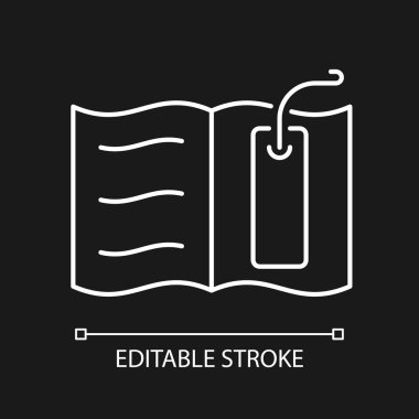 Koyu tema için beyaz doğrusal simgeyi yer imlerine kaydet. Okuma sayfasını işaretlemek için ince bir araç. Kitaptaki ilerlemeyi takip et. İnce çizgi özelleştirilebilir illüstrasyon. Gece modu için izole vektör kontur sembolü. Düzenlenebilir vuruş
