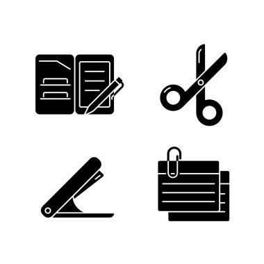 Ofis kırtasiyesi beyaz alana siyah sembol koyuyor. Portföy klasörü. Kağıt kesiği için makas. Zımba aleti. İndeks kartları. Siluet sembolleri. Vektör izole illüstrasyonu