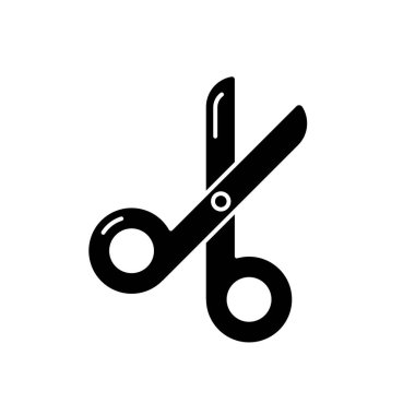 Makas siyah kabartma simgesi. Kağıt kesiği. Ofis makası ekipmanı. Okul için kırtasiye malzemeleri. Paslanmaz çelik bıçaklar. Sınıf malzemeleri. Beyaz uzayda siluet sembolü. Vektör izole illüstrasyonu