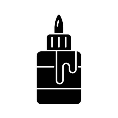 Yapıştırıcı şişesi siyah kabartma simgesi. El işi ve hobi malzemeleri. Kağıt parçaları birleştiriyorum. Kolay sıkılan plastik şeker kutusu. Beyaz uzayda siluet sembolü. Vektör izole illüstrasyonu