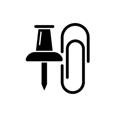 İğneler ve ataçlar siyah sembol. Ofis malzemeleri. Kağıt çarşafları birbirine bağlamak. Asılı notlar, ilan panosundaki fotoğraflar. Beyaz uzayda siluet sembolü. Vektör izole illüstrasyonu