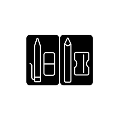 Kalem kesesi siyah simge simgesi. Okul malzemeleri için kalem kutusu. Okul ve üniversite için kırtasiye malzemeleri deposu. Aletleri düzenli tut. Beyaz uzayda siluet sembolü. Vektör izole illüstrasyonu