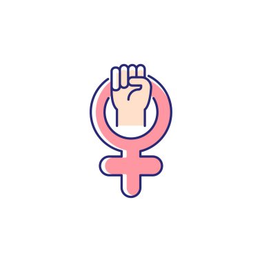 Kadın sembolü RGB renk simgesi. Kardeşliğin gururu. Venüs işaretine sıkılmış yumruk. Kendine saygı. Zihinsel güç. Kadın iktidarı. Kadınları temsil et. İzole vektör çizimi. Basit doldurulmuş çizgi çizimi