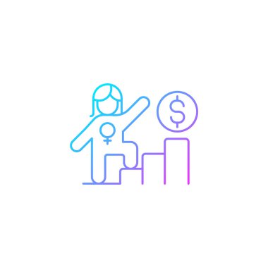 Kadınlar için kariyer merdiveni gradyan doğrusal vektör simgesi. İş yerinde başarılı bir kadın. Maaşta cinsiyet eşitliği. İnce çizgi renk sembolü. Modern tarz pictogram. Vektör izole çizimi