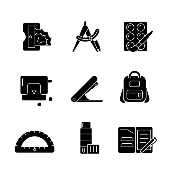 Back School Shopping Black Glyph Icons Set White Space Pencil — Stock Vector