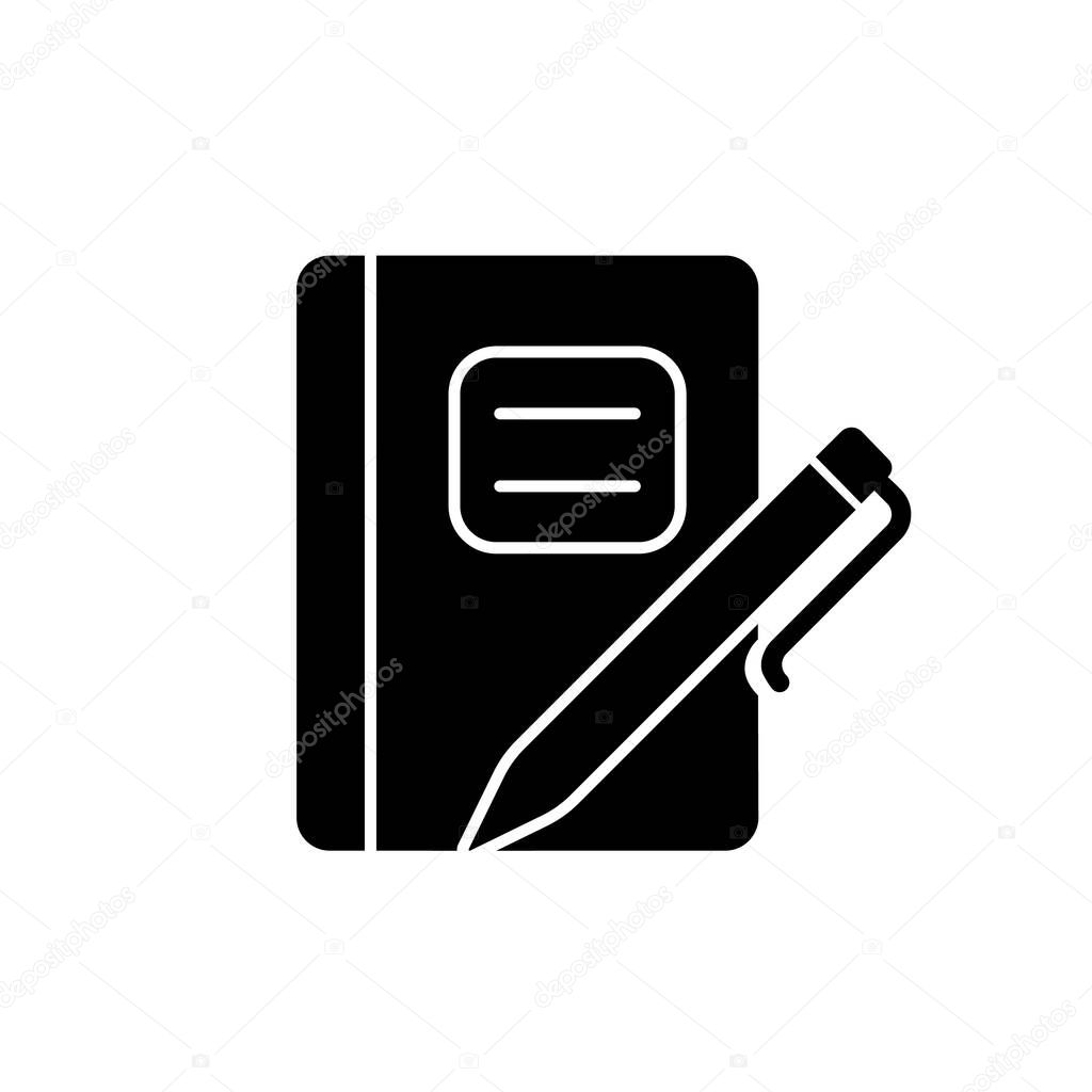 Graph composition notebook with pen black glyph icon. Assignment book. Daily use for school notes taking. Pocket journal. Silhouette symbol on white space. Vector isolated illustration