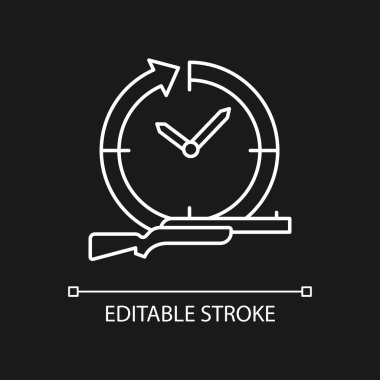 Karanlık tema için yıl boyunca beyaz doğrusal avlanma simgesi. Avını takip et ve yakala. Av sezonu. İnce çizgi özelleştirilebilir illüstrasyon. Gece modu için izole vektör kontur sembolü. Düzenlenebilir vuruş