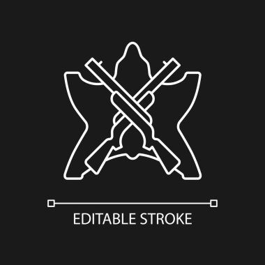 Karanlık tema için av ödülü beyaz doğrusal simgesi. Büyük boynuzlarla vahşi hayvanları takip et ve öldür. İnce çizgi özelleştirilebilir illüstrasyon. Gece modu için izole vektör kontur sembolü. Düzenlenebilir vuruş