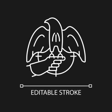 Falconry karanlık tema için beyaz doğrusal simge avlıyor. Eğitimli şahin hayvanları yakalar. Yırtıcı kuş. İnce çizgi özelleştirilebilir illüstrasyon. Gece modu için izole vektör kontur sembolü. Düzenlenebilir vuruş