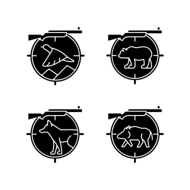 Big and small game hunting black glyph icons set on white space. Hunting weapon to kill boar and deer. Prey pursuit. Hunter equipment. Silhouette symbols. Vector isolated illustration vector