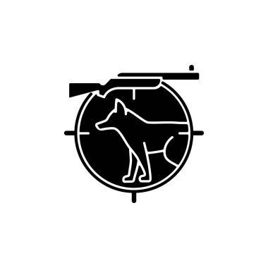 Siyah kabartma simgesi avlayan küçük bir oyun. Küçük yan hayvanları takip et ve öldür. Kara kuşlarını yakalayın. Kuş vurmak. Eğitimli köpeklerle avlanmak. Beyaz uzayda siluet sembolü. Vektör izole illüstrasyonu