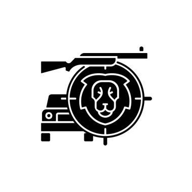 Safari siyah kabartma simgesi. Vahşi yaşam hayvanları görünür ve avlanır. Afrika yolculuğu. Safari aracı. Savannah 'ya bir tur. Büyük av avı. Beyaz uzayda siluet sembolü. Vektör izole illüstrasyonu