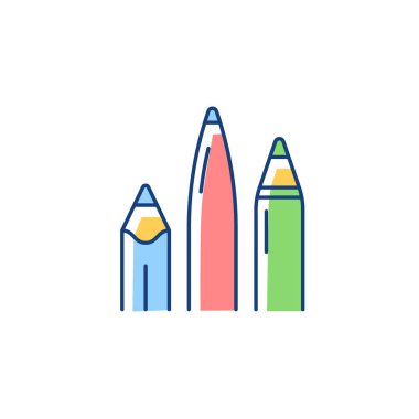 Kalemler ve kalemler RGB renk simgesi. Okul malzemeleri. Enstrüman yazıyorum. Mürekkeple itiraz ediyorum. Çizim ve çizim için kullan. El yazısı aktiviteleri. İzole vektör çizimi. Basit doldurulmuş çizgi çizimi