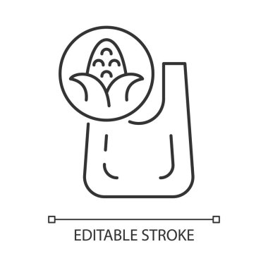 Mısır doğrusal simgeden yapılmış gübre torbası. Biyo-çözünebilir alışveriş çantası. Çevre dostu paket. İnce çizgi özelleştirilebilir illüstrasyon. Contour sembolü. Vektör izole çizim. Düzenlenebilir vuruş