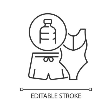 Plastik şişe doğrusal ikonundan mayo. Geri dönüştürülmüş plastik atık. Etik mayo. İnce çizgi özelleştirilebilir illüstrasyon. Contour sembolü. Vektör izole çizim. Düzenlenebilir vuruş