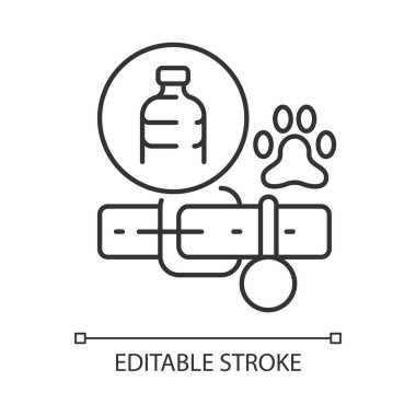 Plastik doğrusal ikondan yapılmış köpek tasmaları. Köpek yavrusu için çevre dostu aksesuar. Şişeler geri dönüşüm için. İnce çizgi özelleştirilebilir illüstrasyon. Contour sembolü. Vektör izole çizim. Düzenlenebilir vuruş