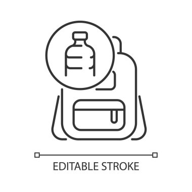 Plastik doğrusal ikondan yapılmış sırt çantası. Sürdürülebilir çantalar. Su şişeleri yenileniyor. İnce çizgi özelleştirilebilir illüstrasyon. Contour sembolü. Vektör izole çizim. Düzenlenebilir vuruş