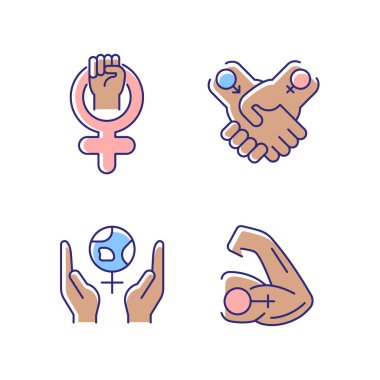Kız gücü RGB renk simgeleri ayarlandı. Liderlik hareket halinde. Eşit ilişkiler. Feminizm desteği. Zihinsel olarak güçlü kadınlar. İzole vektör çizimleri. Basit çizgi çizimleri koleksiyonu
