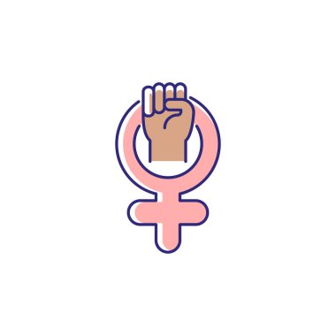 Kadın sembolü RGB renk simgesi. Kardeşliğin gururu. Venüs işaretine sıkılmış yumruk. Kendine saygı. Zihinsel güç. Kadın iktidarı. Kadınları temsil et. İzole vektör çizimi. Basit doldurulmuş çizgi çizimi