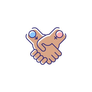 Eşit ilişkiler RGB renk simgesi. Kadınlar ve erkekler arasındaki ortaklık. Cinsiyet eşitliği başarısı. Ayrımcılık karşıtlığı. İnsan hakları. İzole vektör çizimi. Basit doldurulmuş çizgi çizimi