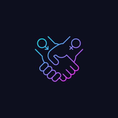 Karanlık tema için eşit ilişkiler gradyan vektör simgesi. Kadınlar ve erkekler arasındaki ortaklık. Cinsiyet eşitliğine ulaşın. İnce çizgi renk sembolü. Modern tarz pictogram. Vektör izole çizimi