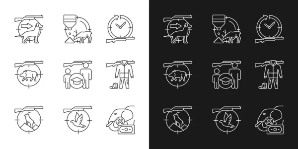 Dierenjager Lineaire Pictogrammen Ingesteld Donker Licht Modus Hondengeleider Duivenschieten Illegale — Stockvector
