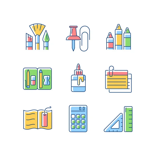 School Essential Equipment Rgb Color Icons Set Paint Brushes Office — Stock Vector