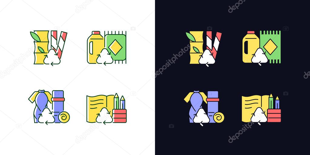 Reduce environmental pollution light and dark theme RGB color icons set. Compostable straws. Ethical flooring. Isolated vector illustrations on white and black space. Simple filled line drawings pack