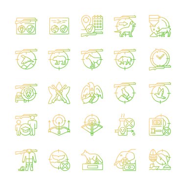 Avlanma gradyanı doğrusal vektör simgeleri ayarlanıyor. Vahşi hayvan ve kuş avı. Avını takip et ve yakala. Vurma ve tuzağa düşürme. İnce çizgili sembol demetleri. İzole edilmiş taslak illüstrasyon koleksiyonu